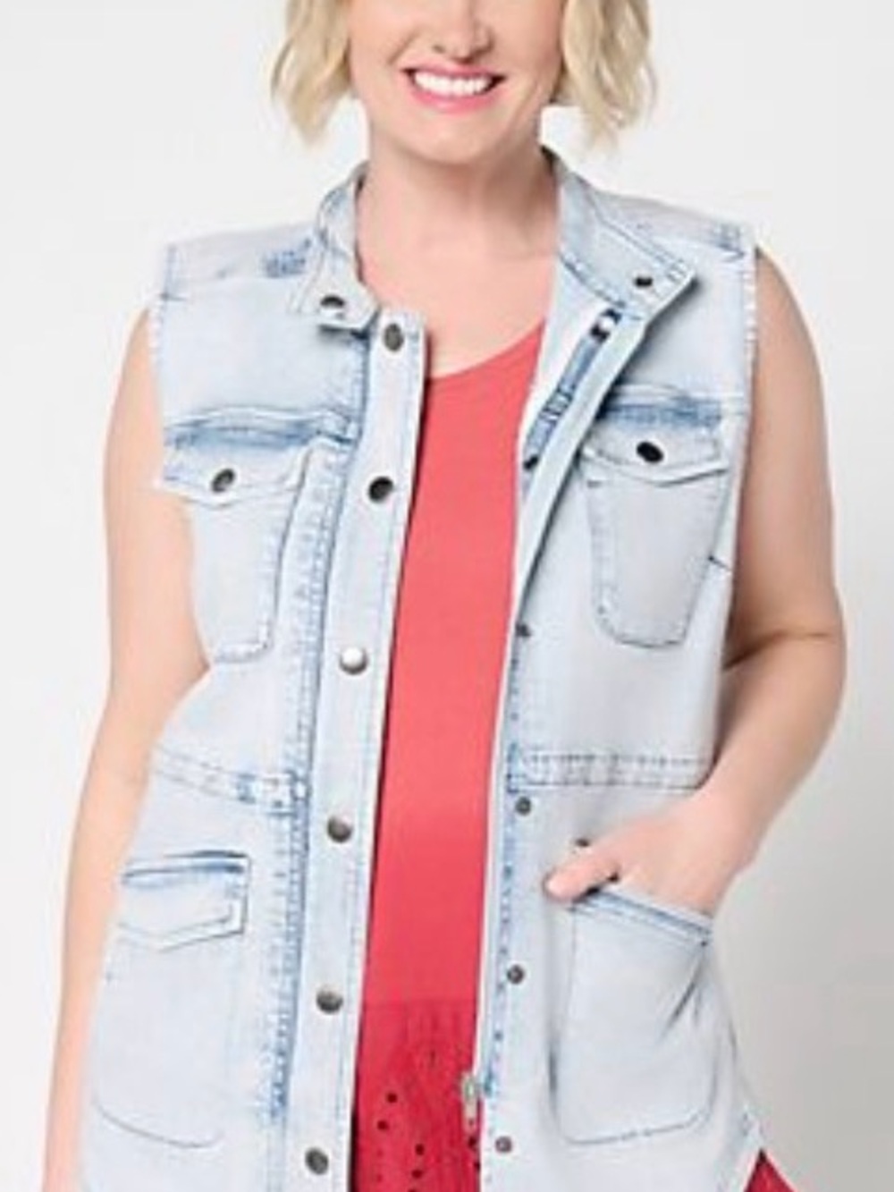 LOGO by Lori Goldstein Light Wash Denim Vest with Coral Tank